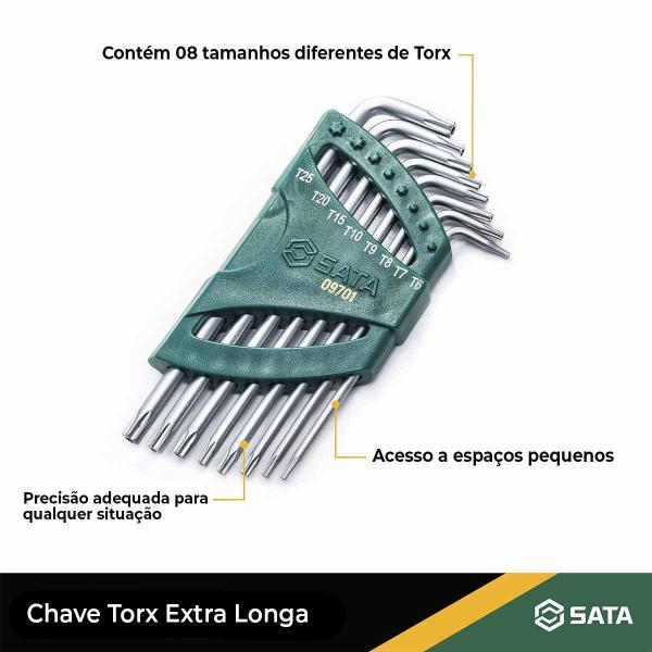 Imagem de Jogo de Chaves Torx Extra Longas Furadas com 8 Peças - ST09701 - Sata