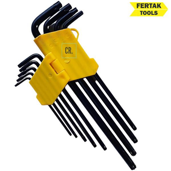 Imagem de Jogo de Chaves Torx Fertak Tools 9 Peças Extra Longa Em Aço Cromo Vanadium  Profissional Com Suporte Plástico Chave Torque, Chave Torx.