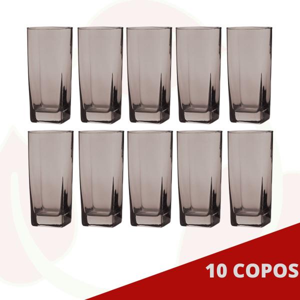 Imagem de Jogo de Copo Vidro Bali 320ml Quadrado Cinza Agua - 10Un