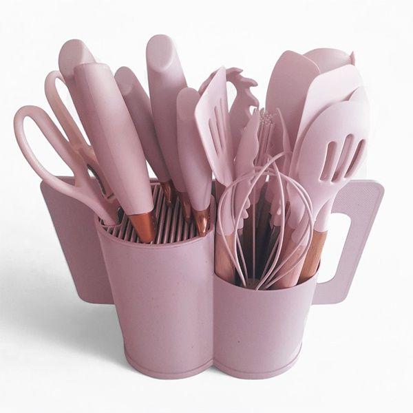 Imagem de Jogo de Cozinha 19 Utensílios de Silicone e Madeira com Tábua de Corte Porta Talher Oval - Rosa