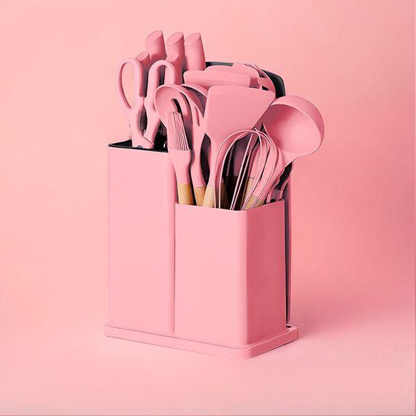 Imagem de Jogo de Cozinha Completo com 19 Utensílios de Silicone e Madeira Tábua de Corte - Rosa