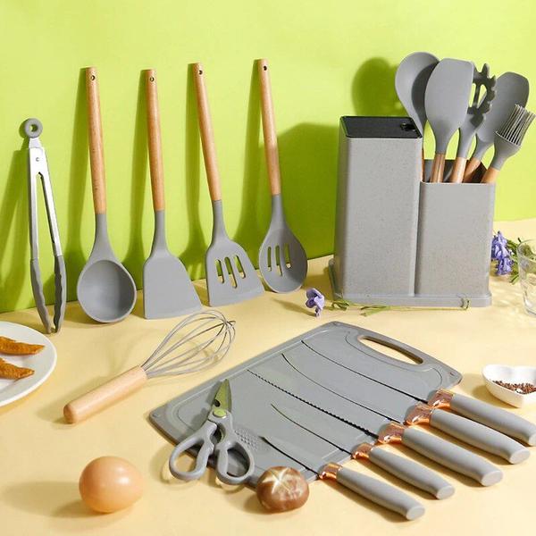 Imagem de Jogo de Cozinha Conjunto Utensílios Silicone Bambu 19 peças