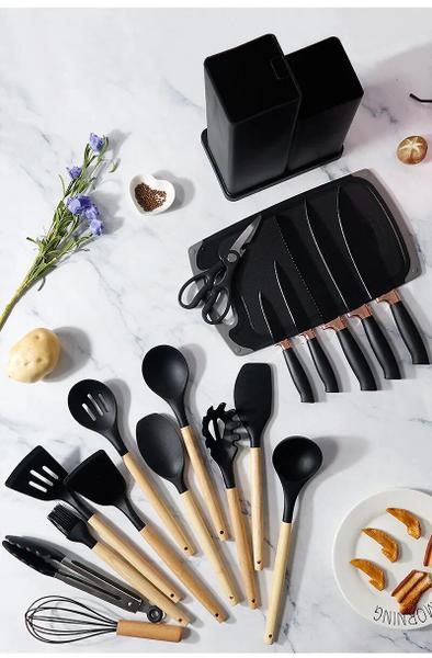 Imagem de Jogo de Cozinha Conjunto Utensílios Silicone Bambu 19 peças