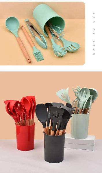 Imagem de Jogo de Cozinha Kit C/12 Peças de Silicone, Utensílios e Copo Suporte para Cozinha Cabo de Madeira