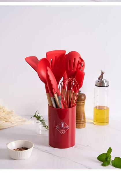 Imagem de Jogo de Cozinha Kit C/12 Peças de Silicone, Utensílios e Copo Suporte para Cozinha Cabo de Madeira