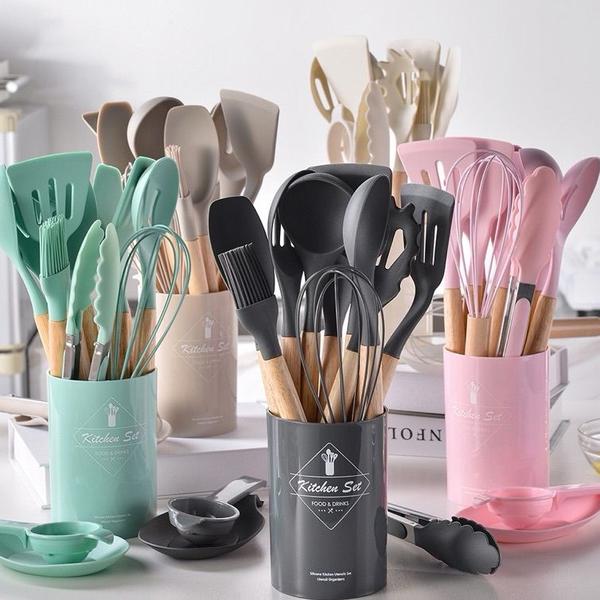 Imagem de Jogo de Cozinha Kit com 12 Peças de Silicone, Utensílios e Copo Suporte para Cozinha Cabo de Madeira