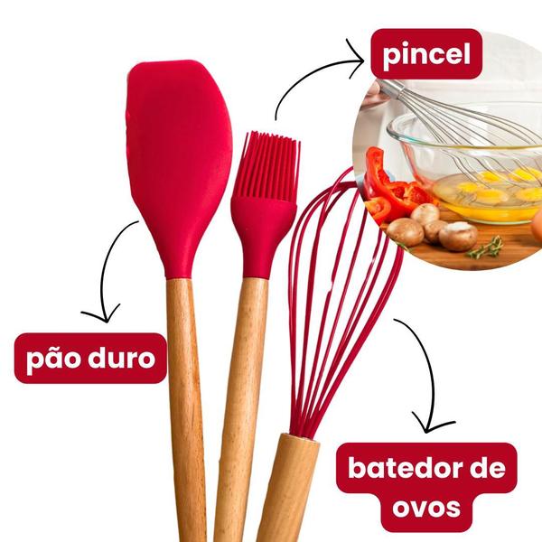 Imagem de Jogo de Cozinha Kit Peças de Silicone Utensílios Cabo de Madeira Bambu