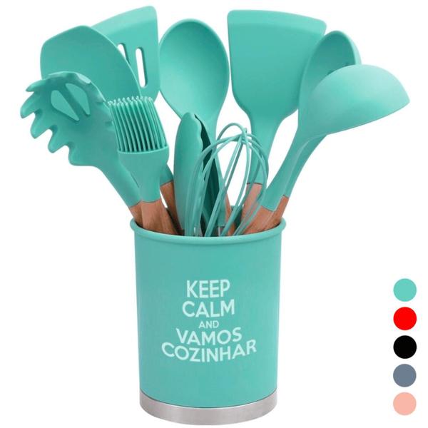 Imagem de Jogo De Cozinha Silicone Verde 13 Peças Utensílios Cabo Madeira