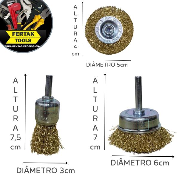 Imagem de Jogo de Escova de Aço 3pçs + Escova Com Cabo Fertak Tools Kit de Escovas Plana Copo e Manual.