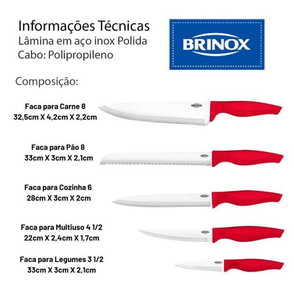 Imagem de Jogo De Facas 5 Peças Aço Inox Cross - Brinox - Vermelho