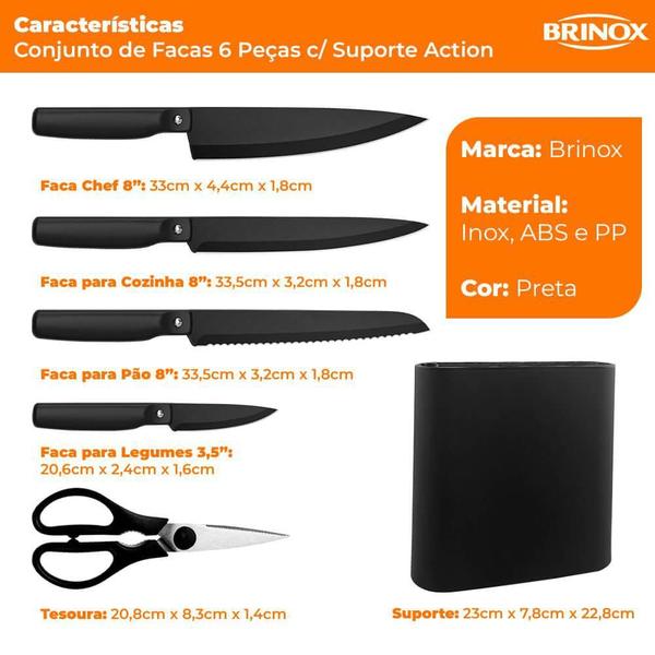 Imagem de Jogo de Facas com Suporte Cepo Inox Preto Action 6 peças - Brinox