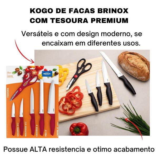 Imagem de Jogo de Facas Cozinha Brinox Aço Inox Kit 6 Peças Conjunto Cross