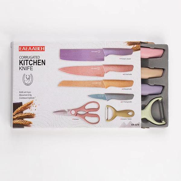 Imagem de Jogo de Facas de Cozinha para Churrasco Gourmet em Aço Inoxidável Colorida Kit com 4 Facas + Tesoura + Descascador