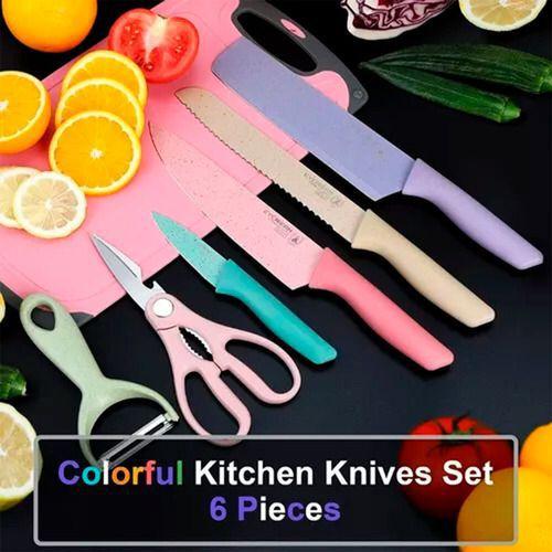 Imagem de Jogo De Facas Kit com 6 Peças Para Cozinha Aço Inox Colorido