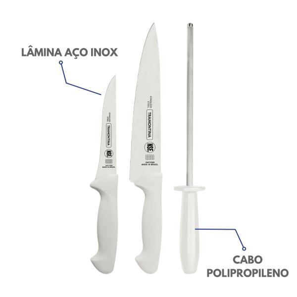 Jogo de Facas Premium Cabos de Polipropileno Branco com Chaira Kit 3 Peças Cozinha - Tramontina Imagem de Jogo de Facas Premium Cabos de Polipropileno Branco com Chaira Kit 3 Peças Cozinha - Tramontina