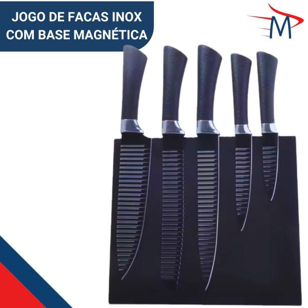 Imagem de Jogo de Facas Preto Inox Base Magnética + 5 Potes + Avental Impermeável