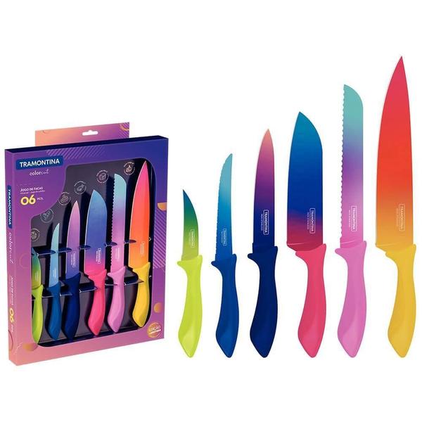 Jogo de Facas Tramontina Colorcut Aço Inox e Cabos de Polipropileno Pintado 6 Peças 23099832 Imagem de Jogo de Facas Tramontina Colorcut Aço Inox e Cabos de Polipropileno Pintado 6 Peças 23099832