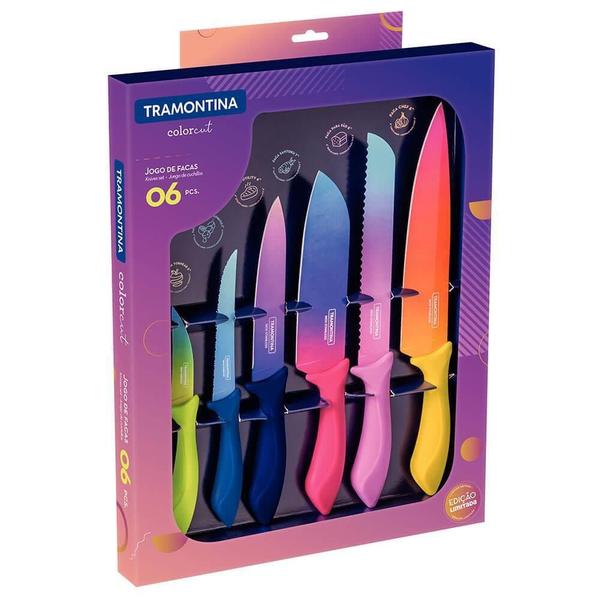 Jogo de Facas Tramontina Colorcut Aço Inox e Cabos de Polipropileno Pintado 6 Peças 23099832 Imagem de Jogo de Facas Tramontina Colorcut Aço Inox e Cabos de Polipropileno Pintado 6 Peças 23099832