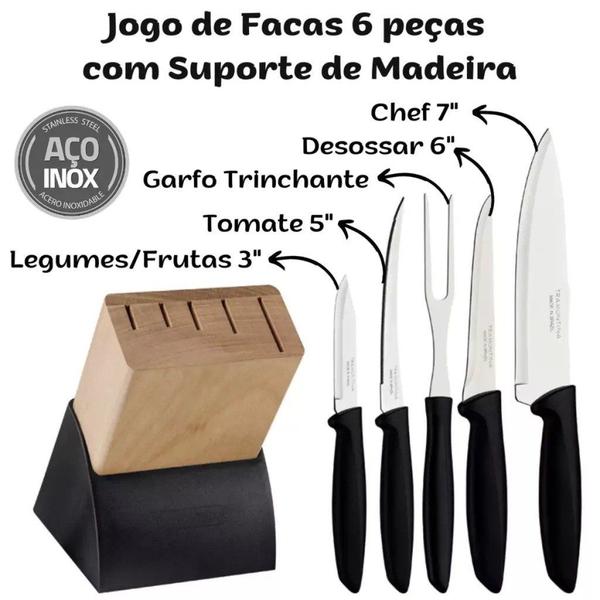 Imagem de Jogo de Facas Tramontina Inox 6 peças - Com Suporte Madeira - Plenus - Casa dos Fogões