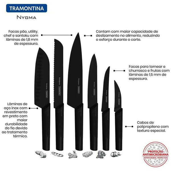 Imagem de Jogo de Facas Tramontina Nygma Lâminas em Aço Inox e Cabos de Polipropileno Texturizados Preto 6 Peças 23699081