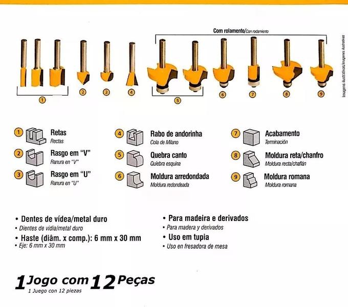 Imagem de Jogo de Fresas Para Madeira 12 Peças Tupia Aço Maleta Vonder