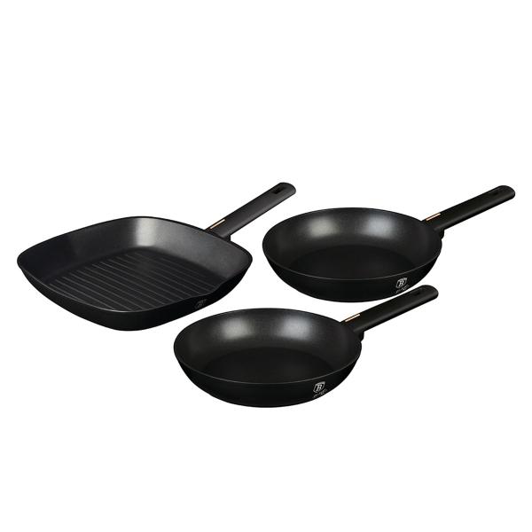 Imagem de Jogo de Frigideira + Grelhador Antiaderente 3pçs Panelas Turbo Indução Utensílios Cozinha Cooktop Grill Grelha Frituras Berlinger Haus