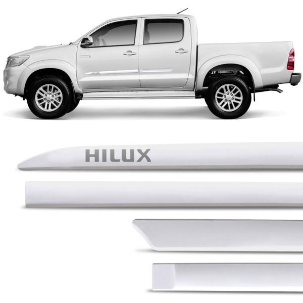 Imagem de Jogo de Friso Lateral Hilux 2005 a 2021 Branco Polar Facão com Grafia Tipo Borrachão