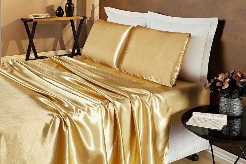 Imagem de Jogo de Lençol Cama Casal Padrão 4 Peças Cetim Dourado