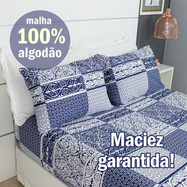 Imagem de Jogo de Lençol Casal Malha 100% Algodão 3 Peças Estampado