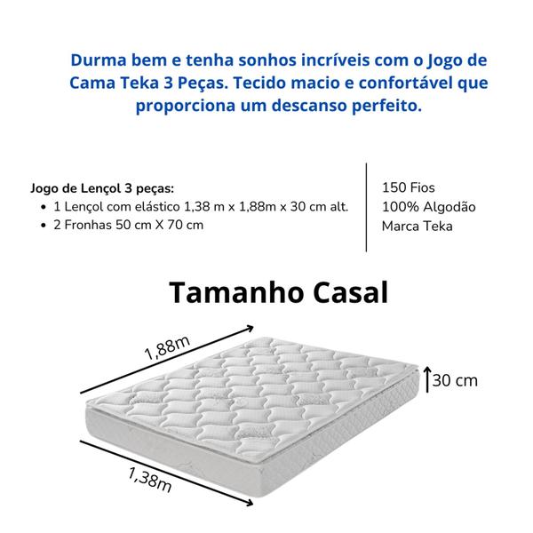 Imagem de Jogo de Lençol Casal Teka 3 Peças 100% Algodão 150 Fios - 1,38m x 1,88m