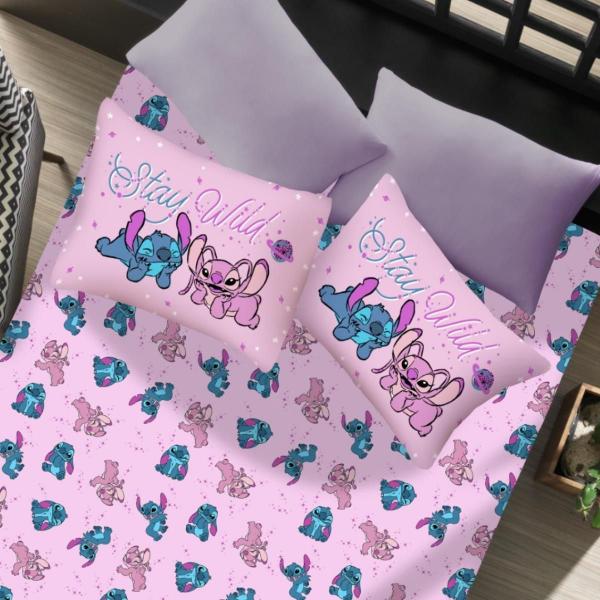 Imagem de Jogo De Lençol Elástico Stitch Casal Rosa Disney Malha Algodão 3 Peças Infantil