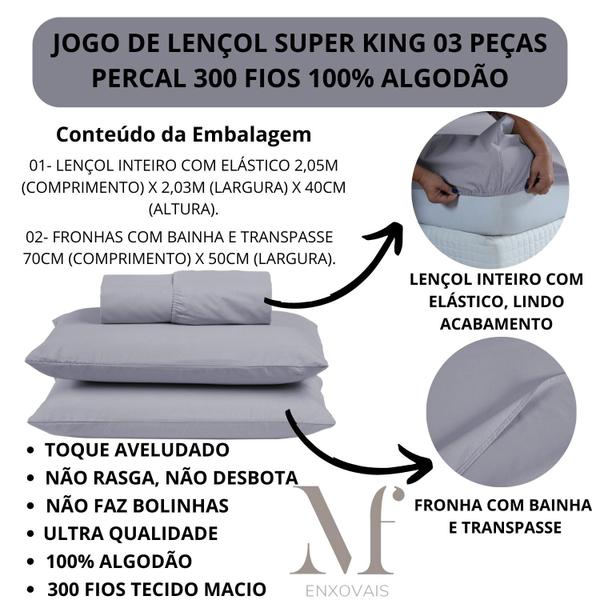 Imagem de Jogo de Lençol King Size 300 Fios 100% Algodão 03 Peças Lençol com Elástico e Fronha Cama Box