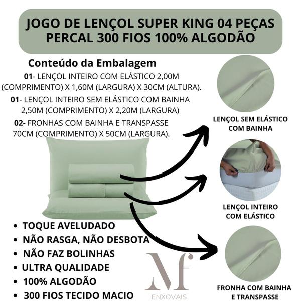 Imagem de Jogo de Lençol King Size 300 Fios 100% Algodão 04 Peças Lençol com Elástico e Fronha Cama Box