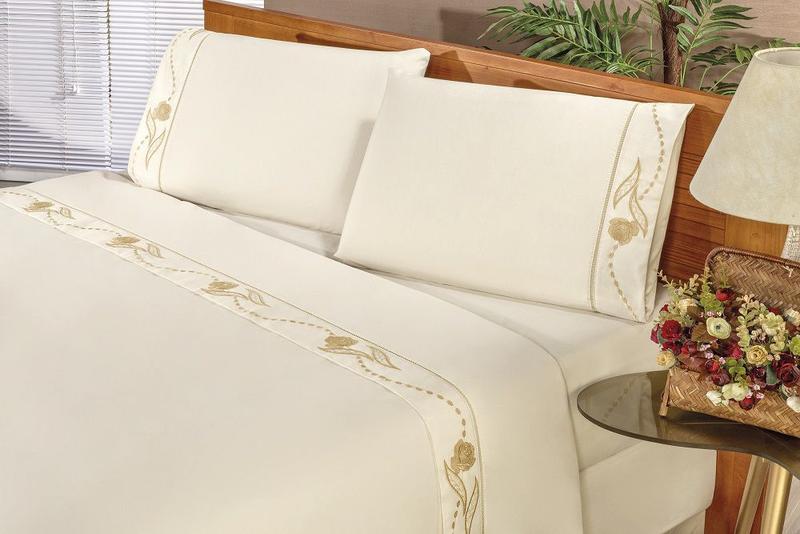 Imagem de Jogo de Lencol Roupa Cama IMPERIALCASAL PADRAO 4PCS Algodão Percal BORDADO FLOR PONTO PALITO 180FIOS