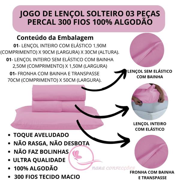 Imagem de Jogo de Lençol Solteiro 03 Peças Cama Box Percal 300 Fios Algodão Jogo de Cama