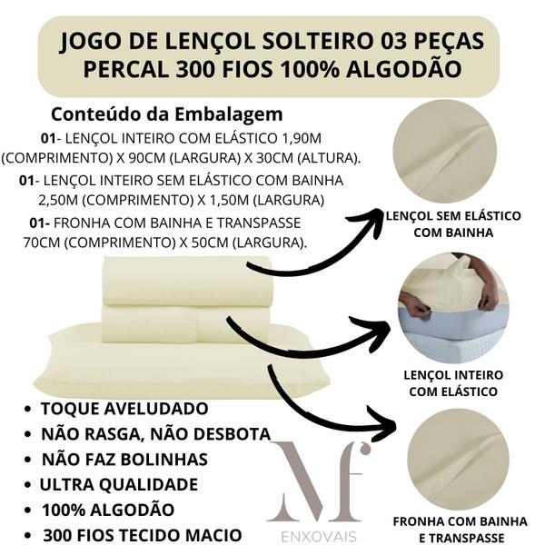 Imagem de Jogo de Lençol Solteiro 300 Fios 100% Algodão 03 Peças Lençol com Elástico e Fronha Cama Box