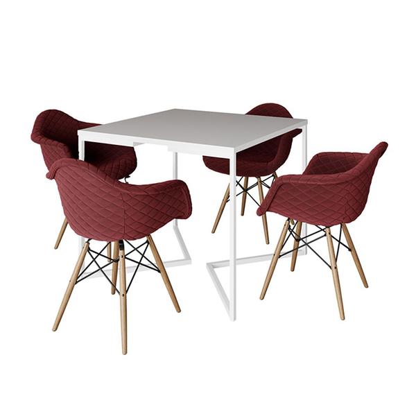 Imagem de Jogo de Mesa Industrial Base Branca Tampo Quadrado 90cm Branca com 4 Poltronas Estofadas Vermelho