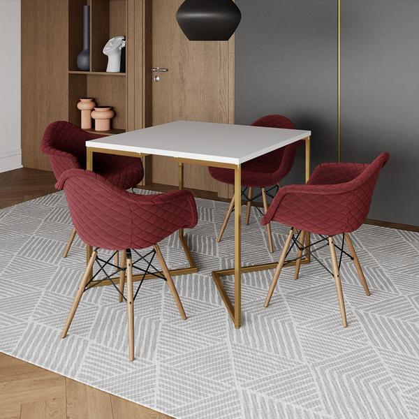 Imagem de Jogo de Mesa Industrial Base Dourada Tampo Quadrado 90cm Branco com 4 Poltronas Estofadas Vermelho