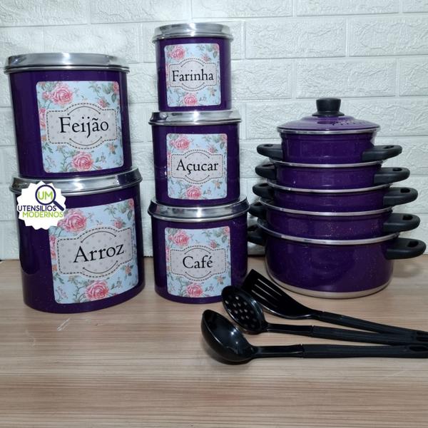 Imagem de Jogo de Panela 5 Pçs Roxo   Kit Mantimentos Alumínio 5 Pçs Flor 3 Roxo   Espátulas