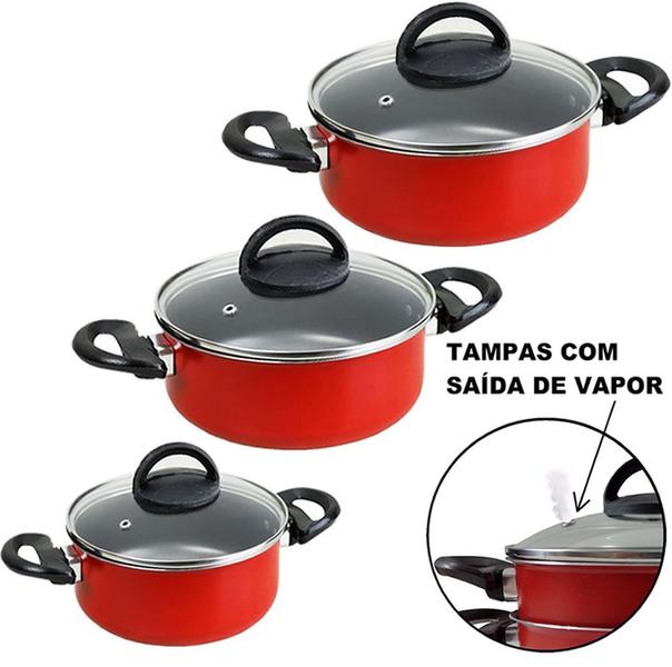 Jogo de Panelas 13 Pçs Vermelho Antiaderente Tampa de Vidro - Marpal Imagem de Jogo de Panelas 13 Pçs Vermelho Antiaderente Tampa de Vidro