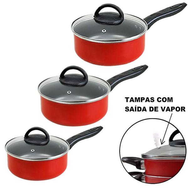 Jogo de Panelas 13 Pçs Vermelho Antiaderente Tampa de Vidro - Marpal Imagem de Jogo de Panelas 13 Pçs Vermelho Antiaderente Tampa de Vidro