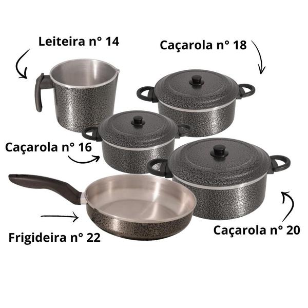 Imagem de Jogo de panelas 5 pçs essencial aluminio preto craqeuado (caçarola 16, 18, 20, frigideira 22, leiteira 14)