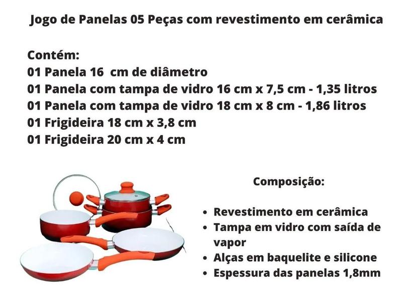 Imagem de Jogo de Panelas 5 Peças Cerâmica Tampa de Vidro e Cabo de Baquelite com Silicone