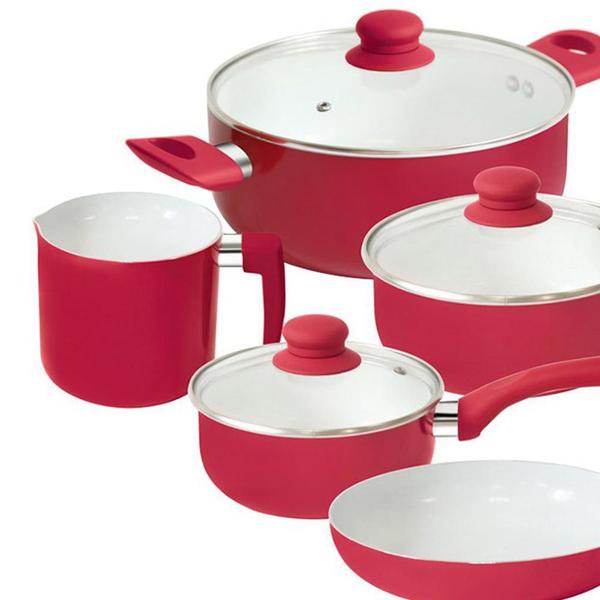 Jogo de Panelas 5 Peças em Alumínio com Revestimento Cerâmico Vermelho - Wellmix Imagem de Jogo de Panelas 5 Peças em Alumínio com Revestimento Cerâmico Vermelho - Wellmix