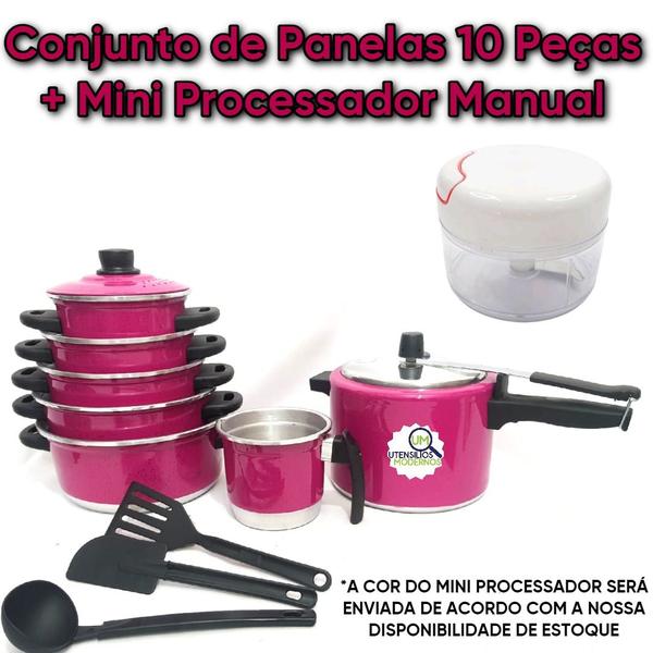 Imagem de Jogo de Panelas Aluminio Rosa Pink 5 Pçs + Fervedor nº12 1 Litro + Mini Processador 170 ml + Panela de Pressão 4,5 l + Kit Espatulas