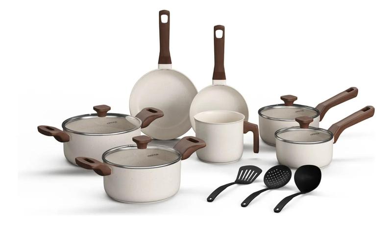 Jogo De Panelas Antiaderente Indução 10 Peças Fundo Triplo Pratic Cook Marmol Vanilla Mimo... Jogo De Panelas Antiaderente Indução 10 Peças Fundo Triplo Pratic Cook Marmol Vanilla Mimo...