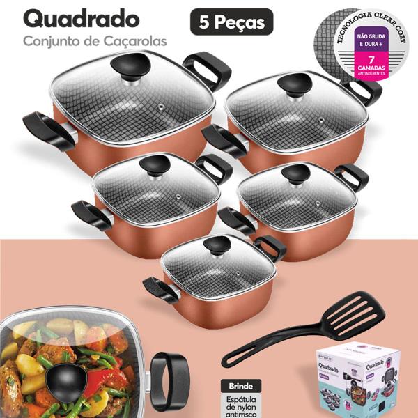 Jogo De Panelas Antiaderentes Quadradas Tampa De Vidro Com Caneco 6 Peças Patolux Imagem de Jogo De Panelas Antiaderentes Quadradas Tampa De Vidro Com Caneco 6 Peças Patolux