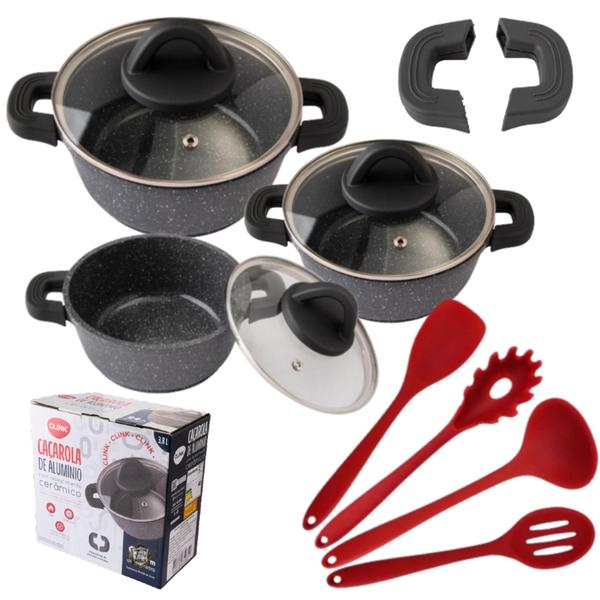 Imagem de Jogo De Panelas Caçarolas Luxo Preto 3 Peças Com Kit 4 Talheres De Silicone - Utensílios De Cozinha