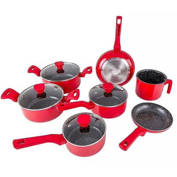 Imagem de Jogo De Panelas Ceramica 10 Peças Aluminio Fundo Triplo Fogão Indução Antiaderente Mimo Style Pratic Cook Red Com Panela Caçarola E Utensílios