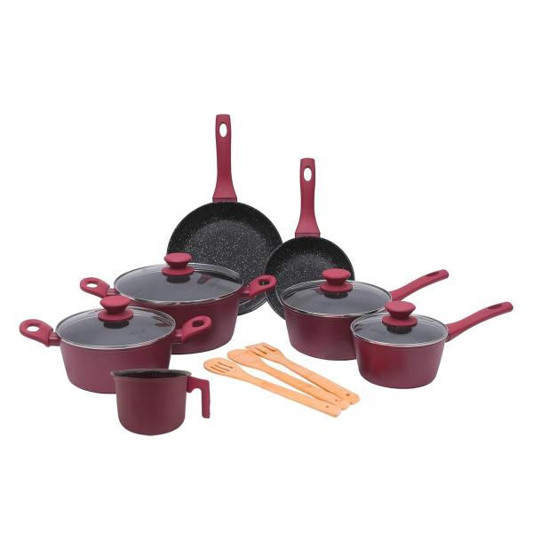 Imagem de Jogo De Panelas Ceramica Antiaderente Indução Mimo Style Cook Red 10 Peças Conjunto Com Caçarola Frigideira E Utensílios